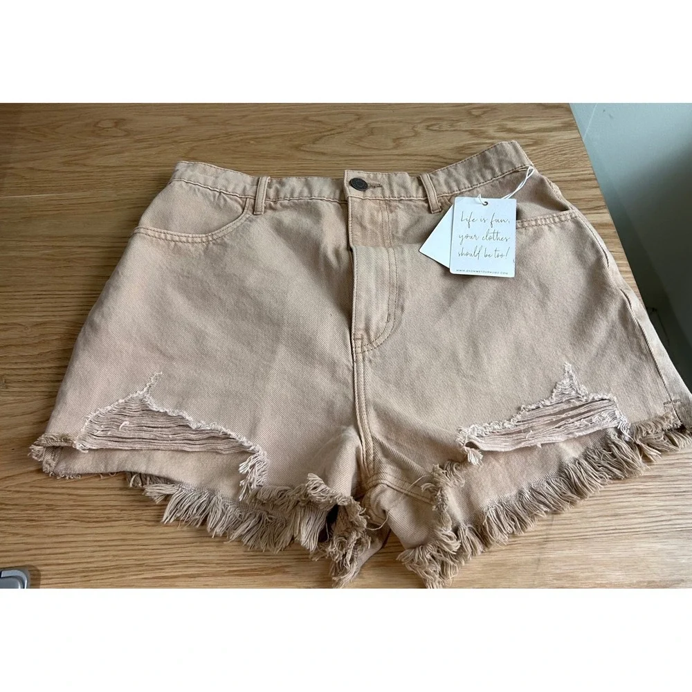 NWT Mumu Denim Shorts Distressed Frayed Hem High Waist Casual Tan Sz 29  6/8‎